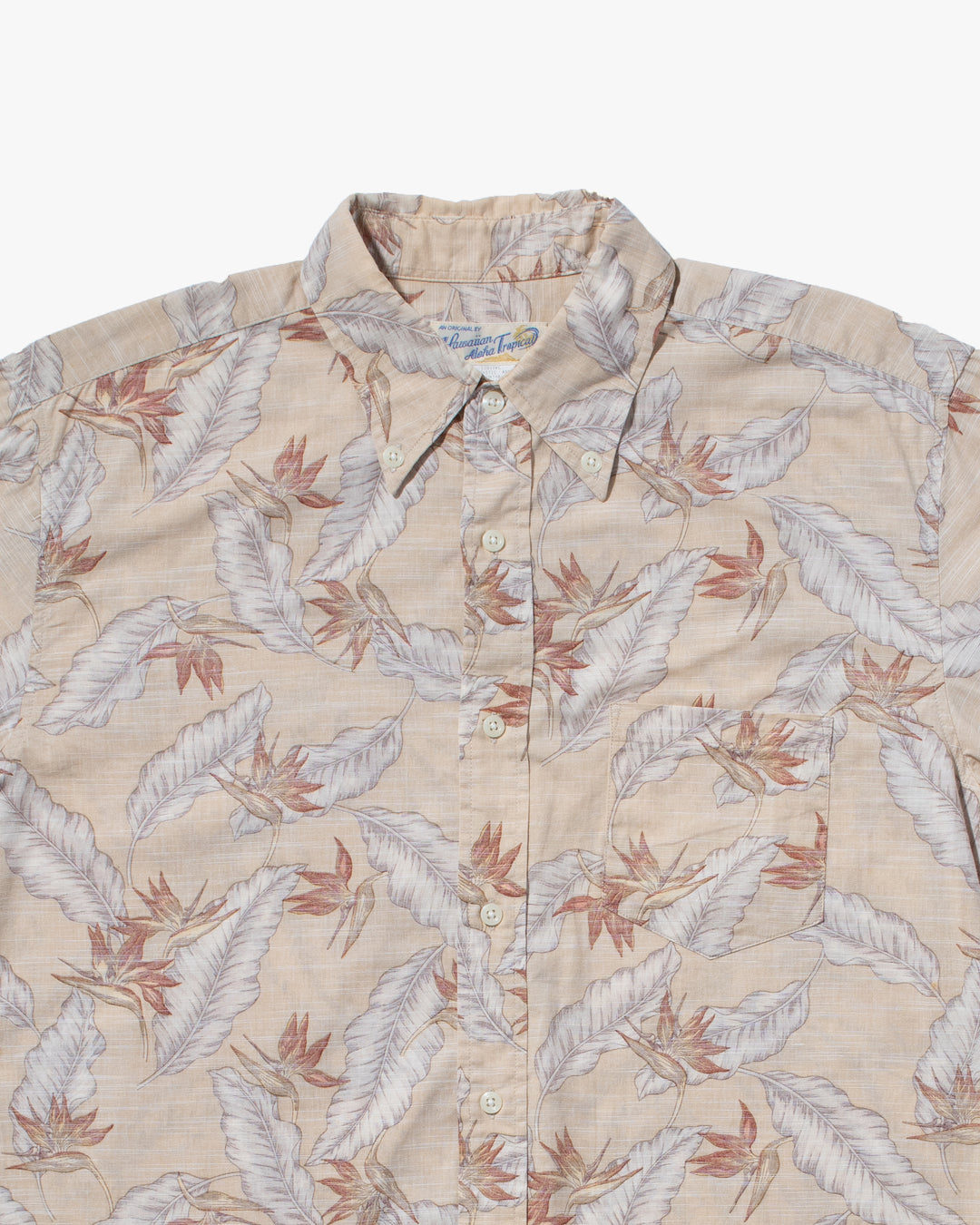 Japanese Repro, Short Sleeve Aloha Shirt, Hawaiian Aloha Tropical Brand, Cream and Brown Leaves