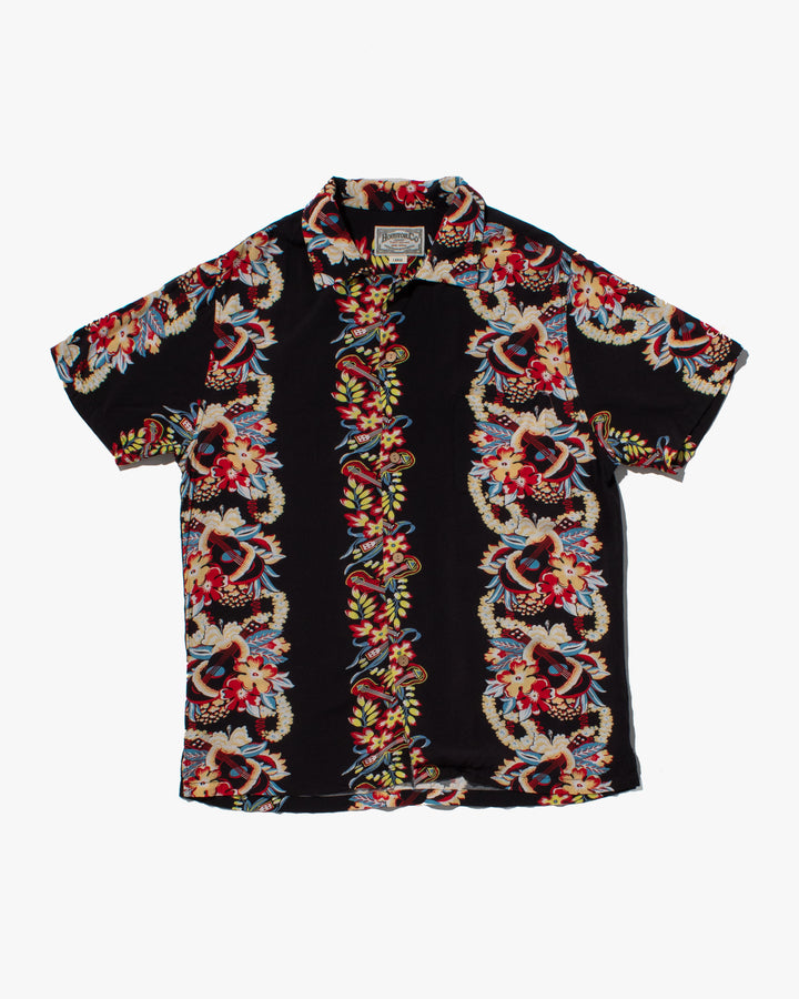 Japanese Repro, Short Sleeve Aloha Shirt, Houston Co. Brand, Black Shima with Red and Yellow Floral