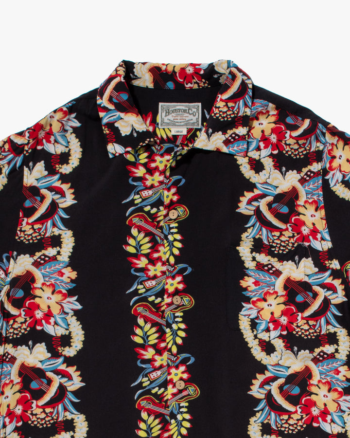 Japanese Repro, Short Sleeve Aloha Shirt, Houston Co. Brand, Black Shima with Red and Yellow Floral