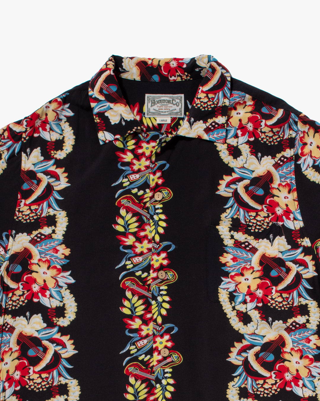 Japanese Repro, Short Sleeve Aloha Shirt, Houston Co. Brand, Black Shima with Red and Yellow Floral