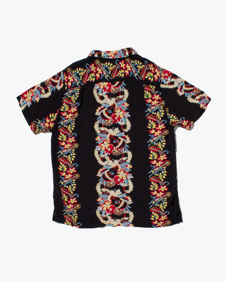 Japanese Repro, Short Sleeve Aloha Shirt, Houston Co. Brand, Black Shima with Red and Yellow Floral