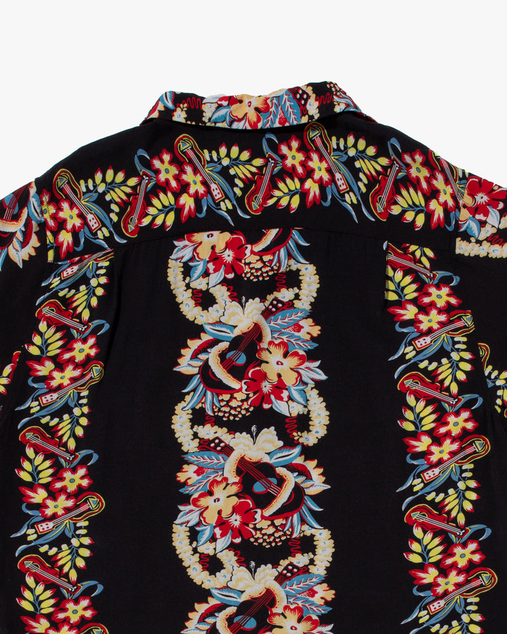 Japanese Repro, Short Sleeve Aloha Shirt, Houston Co. Brand, Black Shima with Red and Yellow Floral