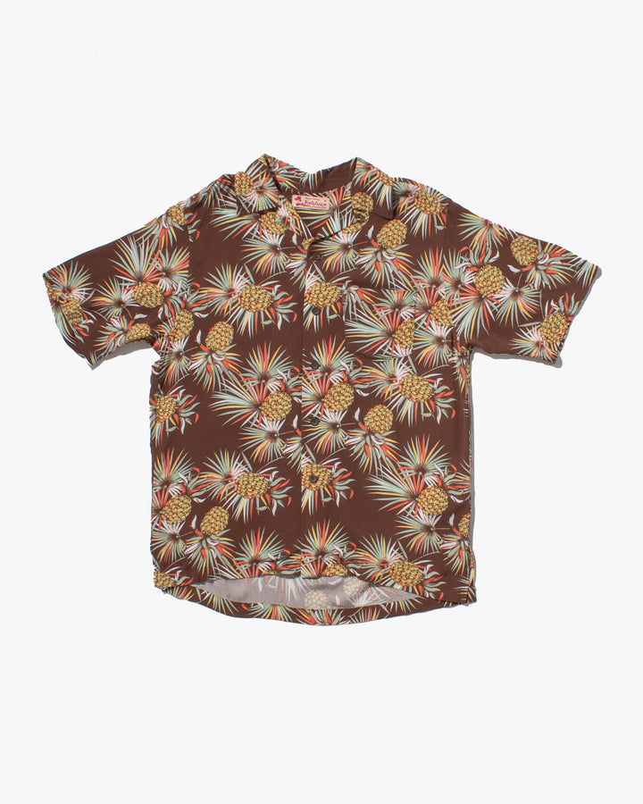 Japanese Repro, Short Sleeve Aloha Shirt, Kaluluwa Brand, Brown with Yellow and Green Pineapples