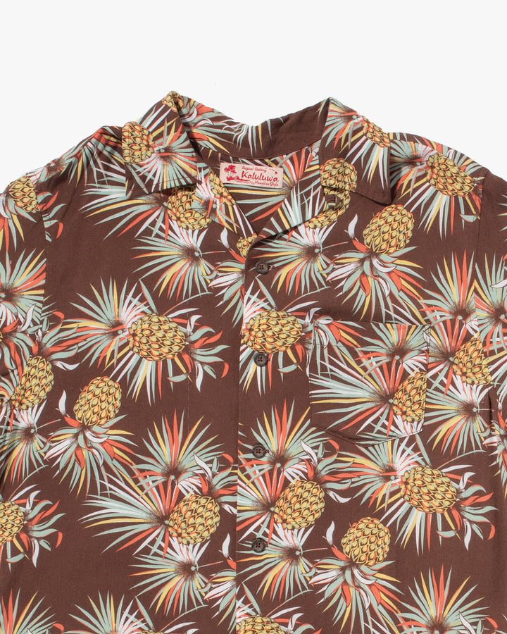 Japanese Repro, Short Sleeve Aloha Shirt, Kaluluwa Brand, Brown with Yellow and Green Pineapples