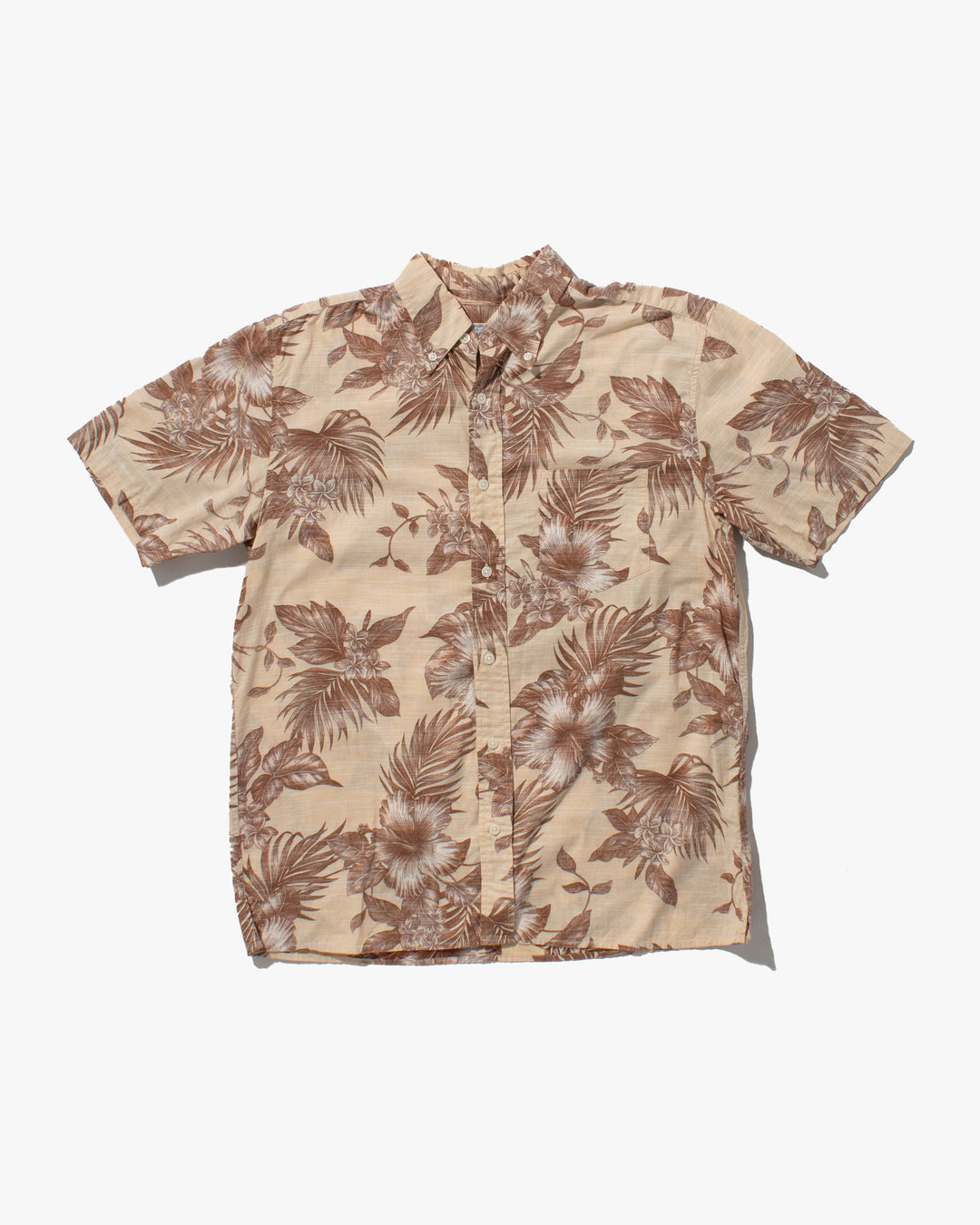 Japanese Repro, Short Sleeve Aloha Shirt, Hawaiian Aloha Tropical Brand, Cream and Brown Flowers and Leaves
