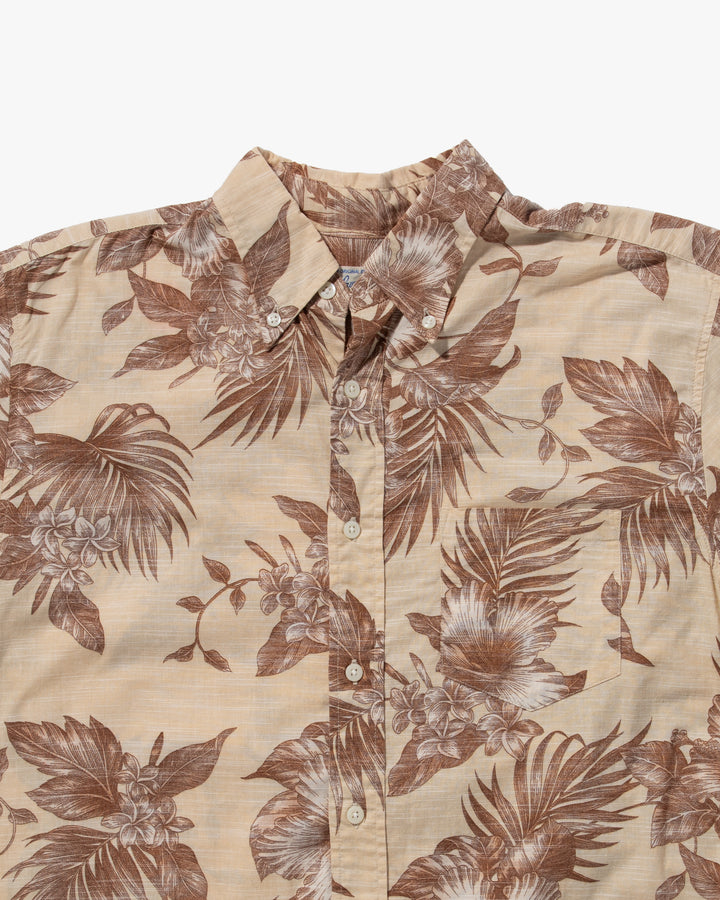 Japanese Repro, Short Sleeve Aloha Shirt, Hawaiian Aloha Tropical Brand, Cream and Brown Flowers and Leaves