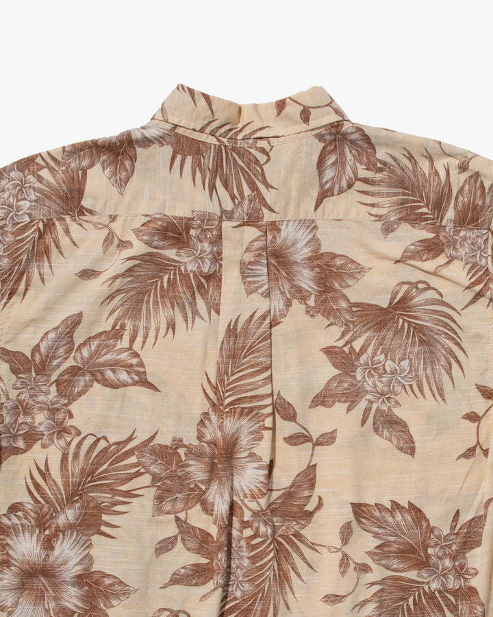 Japanese Repro, Short Sleeve Aloha Shirt, Hawaiian Aloha Tropical Brand, Cream and Brown Flowers and Leaves