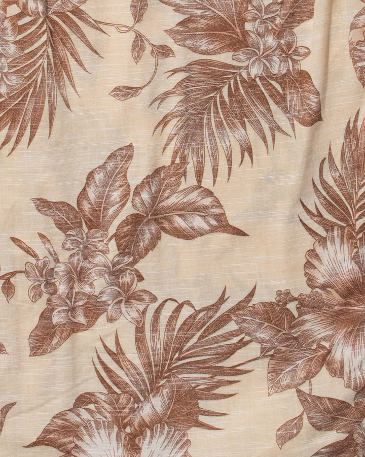 Japanese Repro, Short Sleeve Aloha Shirt, Hawaiian Aloha Tropical Brand, Cream and Brown Flowers and Leaves