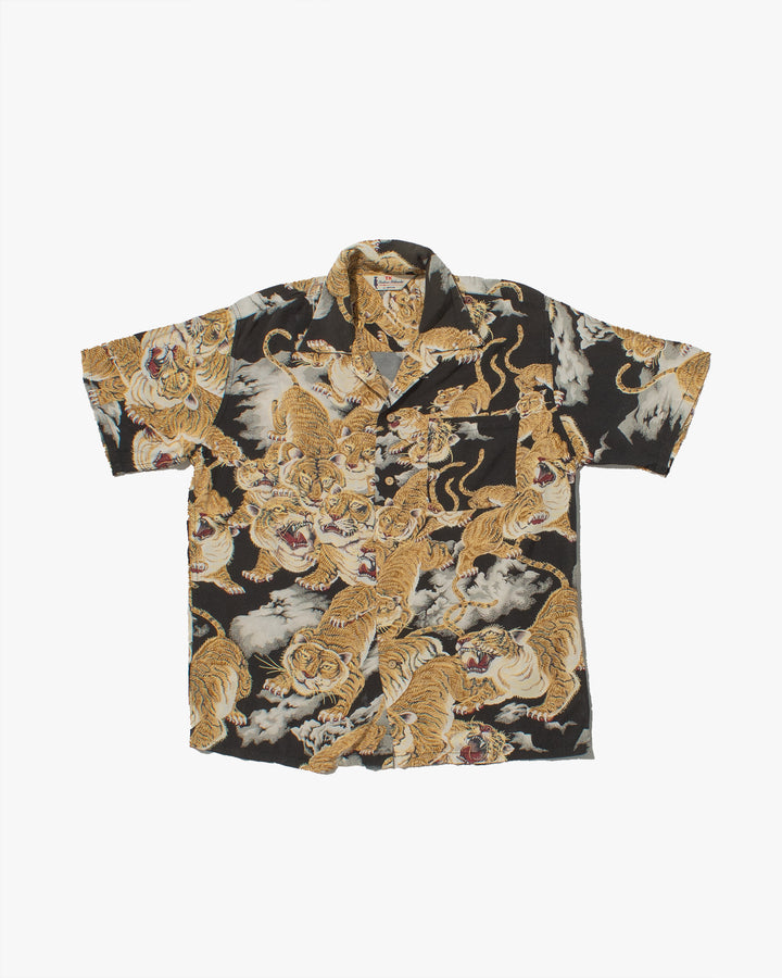 Japanese Repro, Short Sleeve Aloha Shirt, Takeo Kikuchi Brand, Black with Golden Tigers