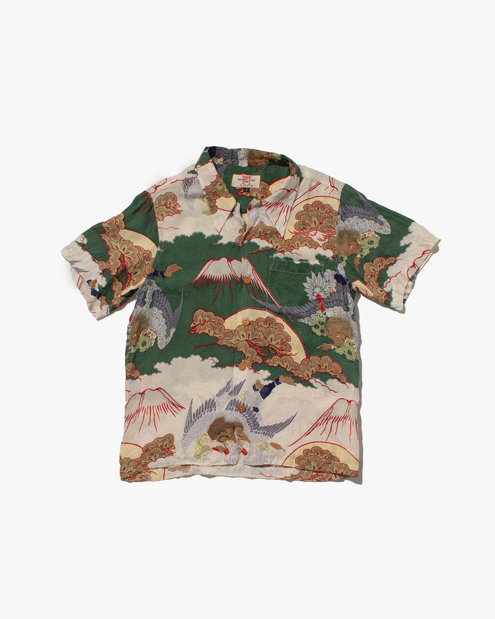 Japanese Repro, Short Sleeve Rinzu Silk Aloha Shirt, Japanese Classic Script, Green Shirt and Red Accents With Mountains and Clouds