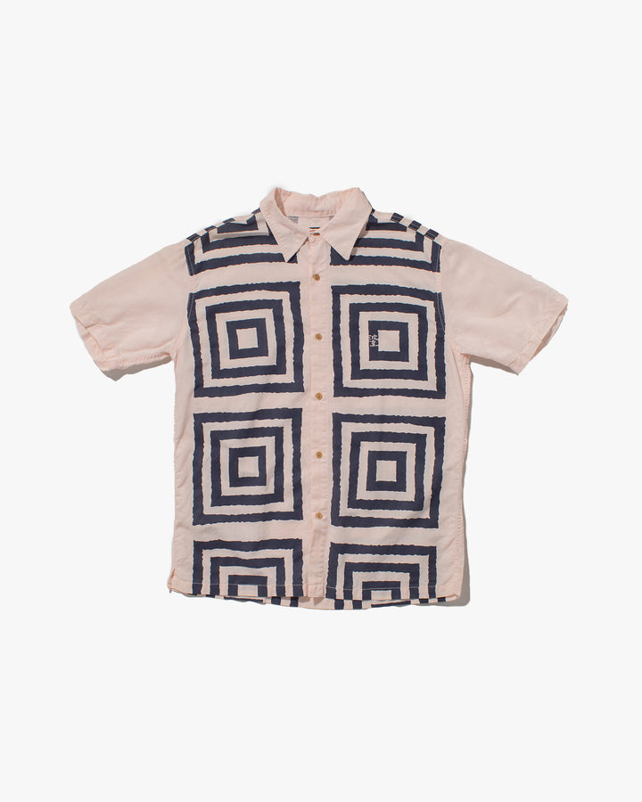 Japanese Repro, Short Sleeve Aloha Shirt, Coral Tint with Navy Square Shapes