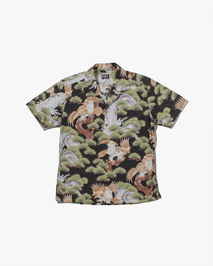 Japanese Repro, Short Sleeve Aloha Shirt, Takeo Kikuchi Brand, Black with TakaMatsu Eagles on Branches - L