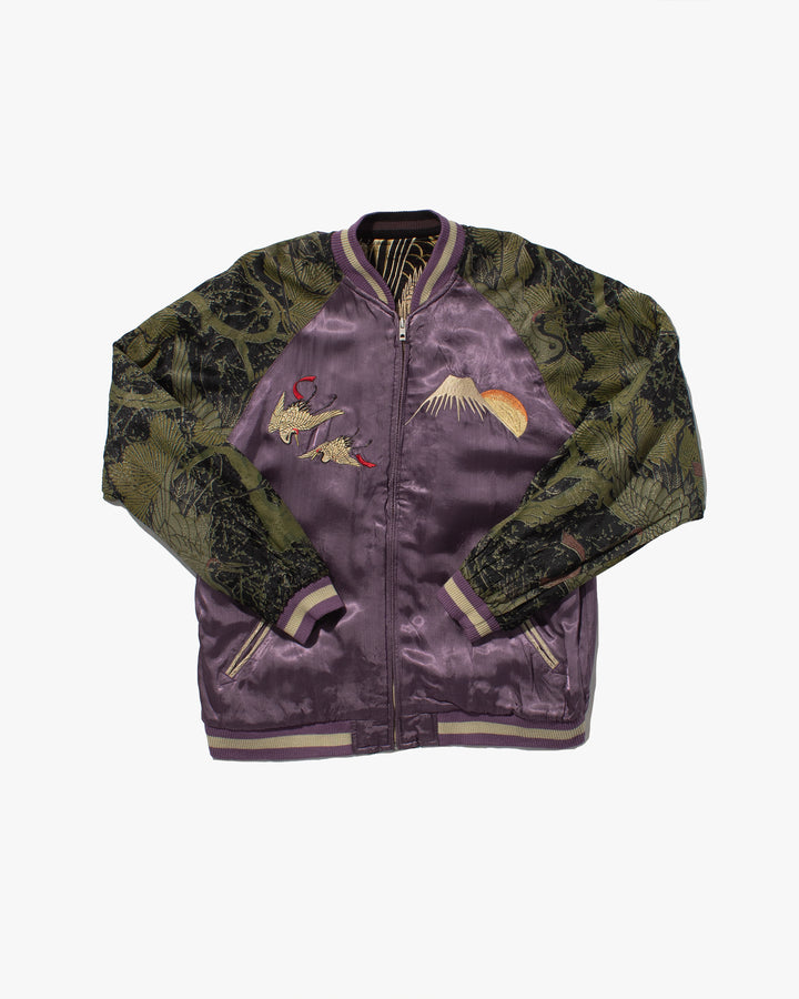 Japanese Repro Reversible Souvenir Jacket, Hyakka Ryoran Brand, Purple Japanese Cranes and Mt. Fuji With Green Sleeves