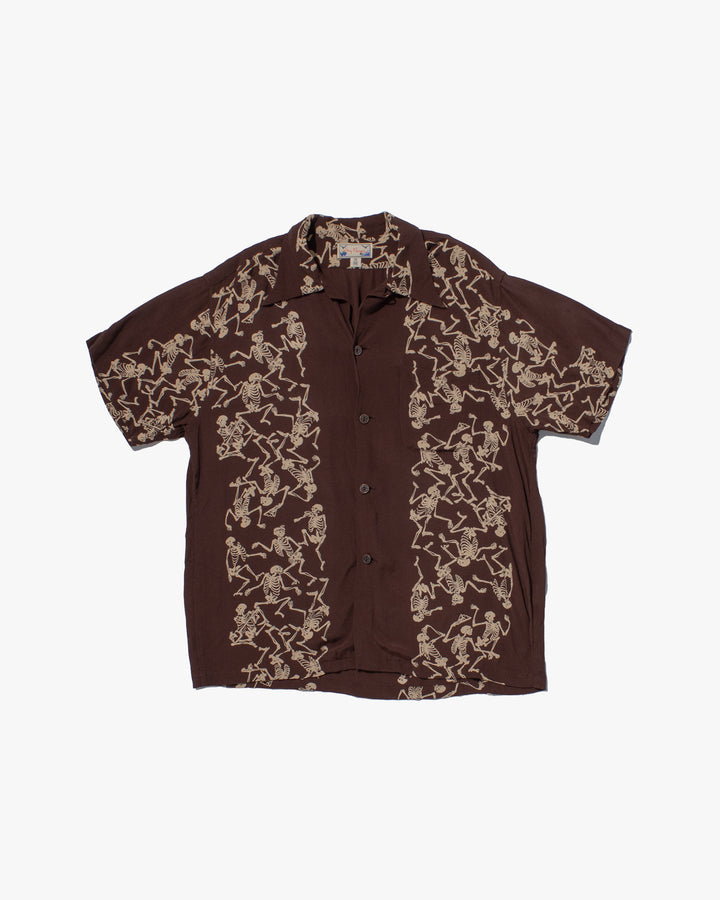 Japanese Repro, Short Sleeve Aloha Shirt, Dry Bones Brand, Brown Shirt with Dancing Skeletons - M