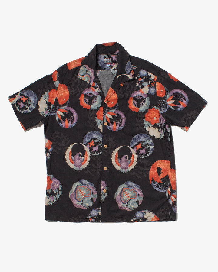 Japanese Repro, Short Sleeve Aloha Shirt, Takeo Kikuchi Brand, Black with Red Koi fish, and Purple Cranes