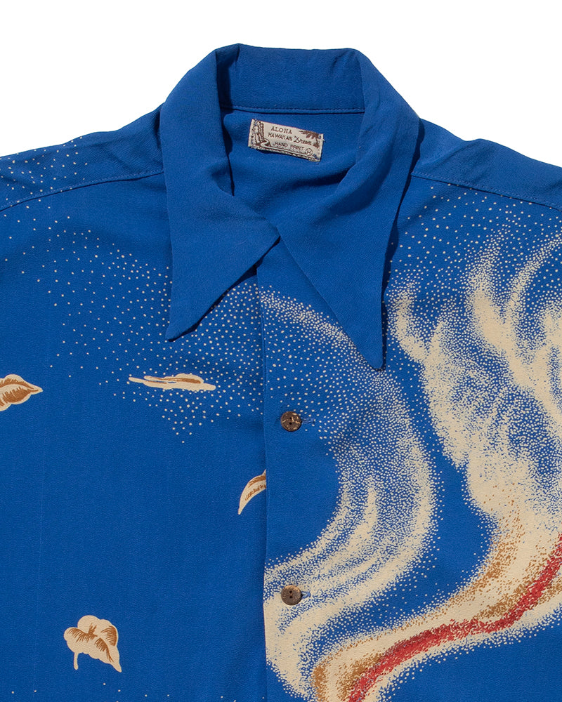 Japanese Repro, Short Sleeve Aloha Shirt, Denime Brand, Blue Volcano -  L