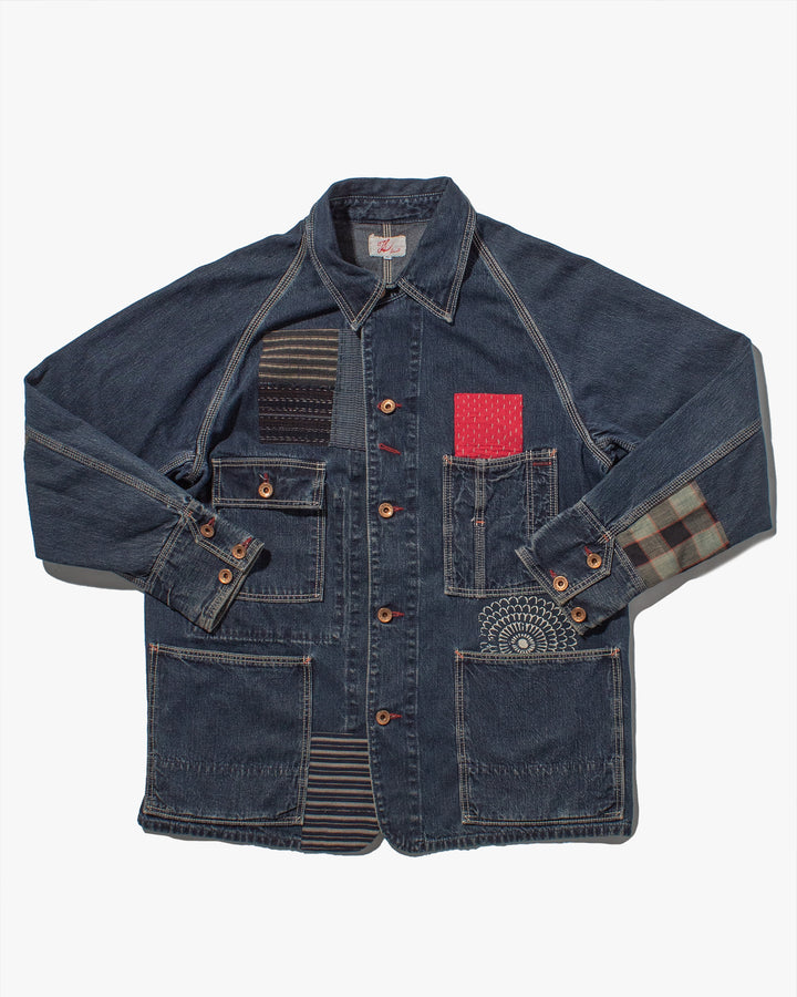 Kiriko Custom, One of a Kind Boro Patched Chore Coat, Kapital Brand, Red Chest Patch Pocket - M