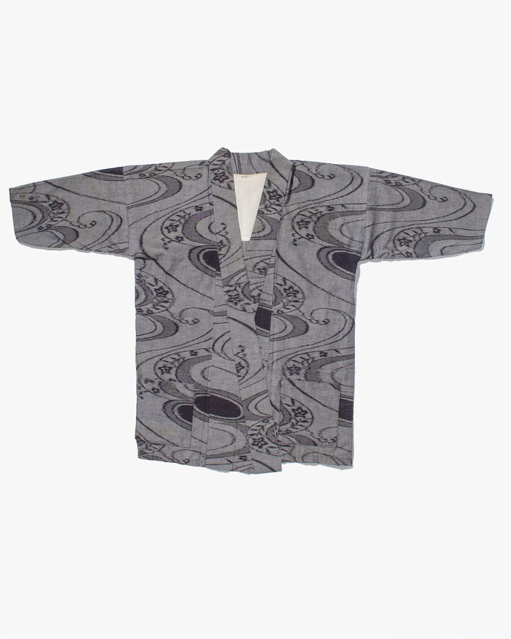 Kiriko Custom, Altered Yukata Jacket, Gray with Dark Navy Curved lines and Flowers