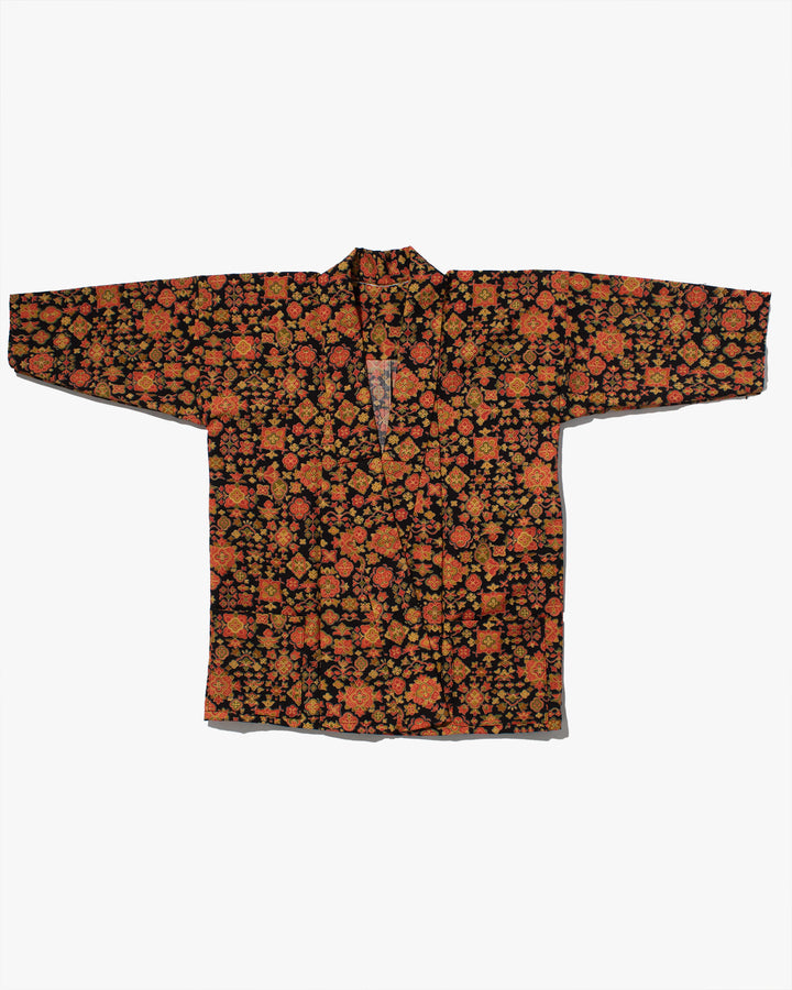 Kiriko Custom, Altered Kimono Jacket, Black with Bright Orange and Gold Floral Patterns