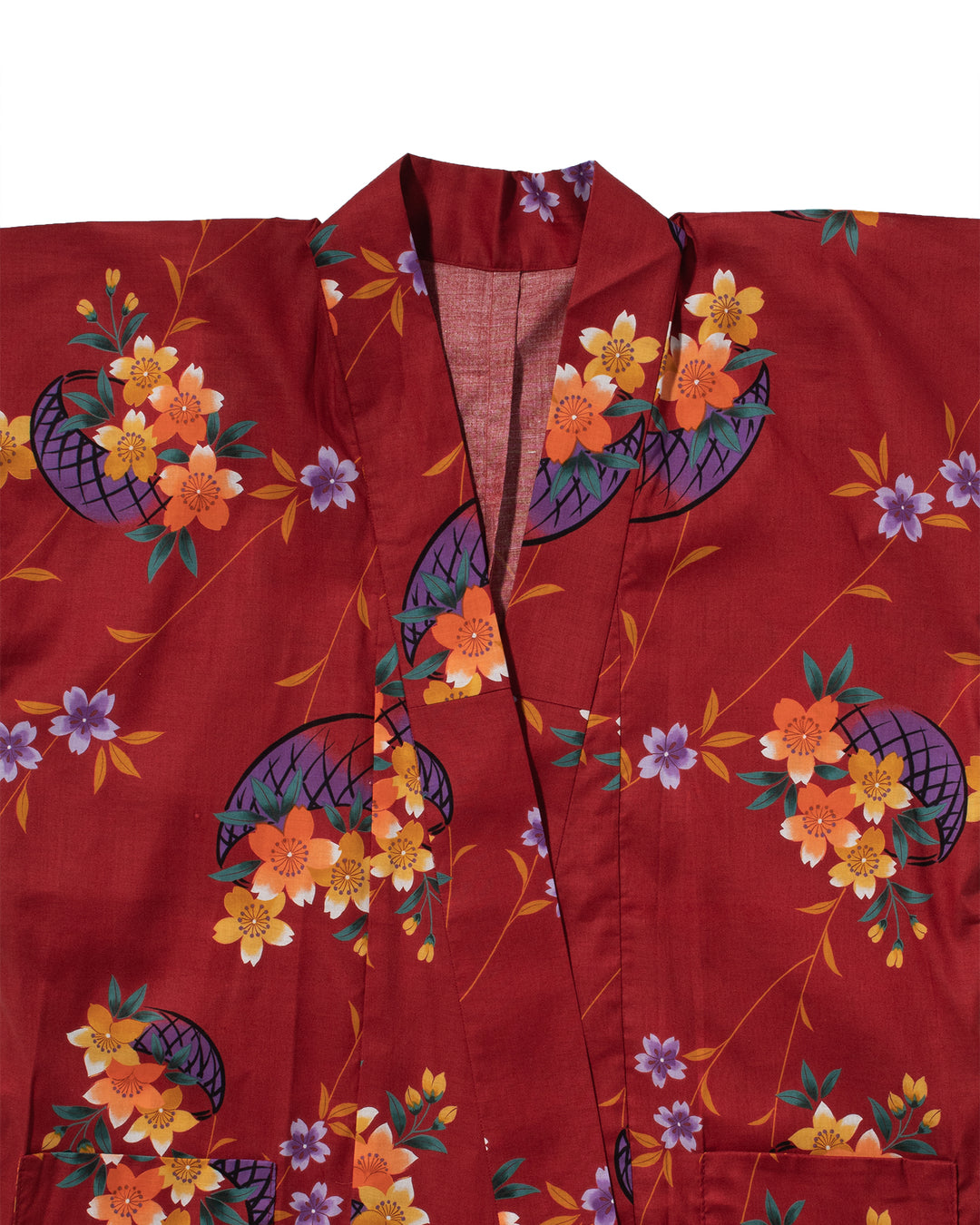Kiriko Custom, Altered Yukata Jacket, Red with Multi color flowers and Purple Accents