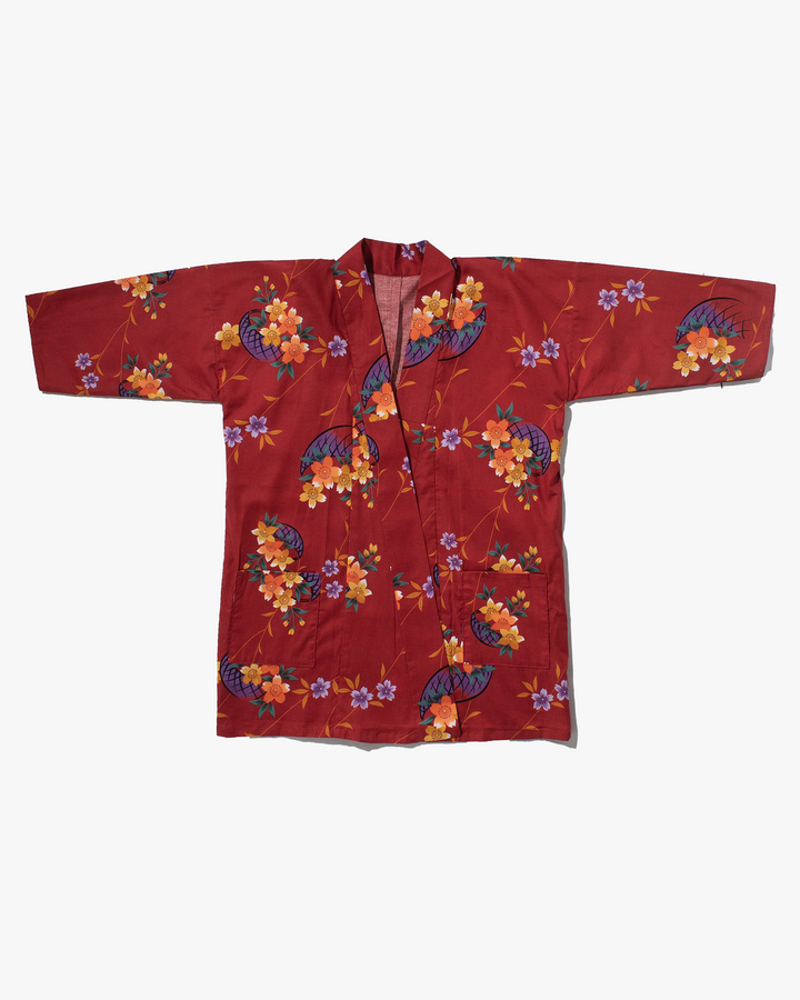 Kiriko Custom, Altered Yukata Jacket, Red with Multi color flowers and Purple Accents