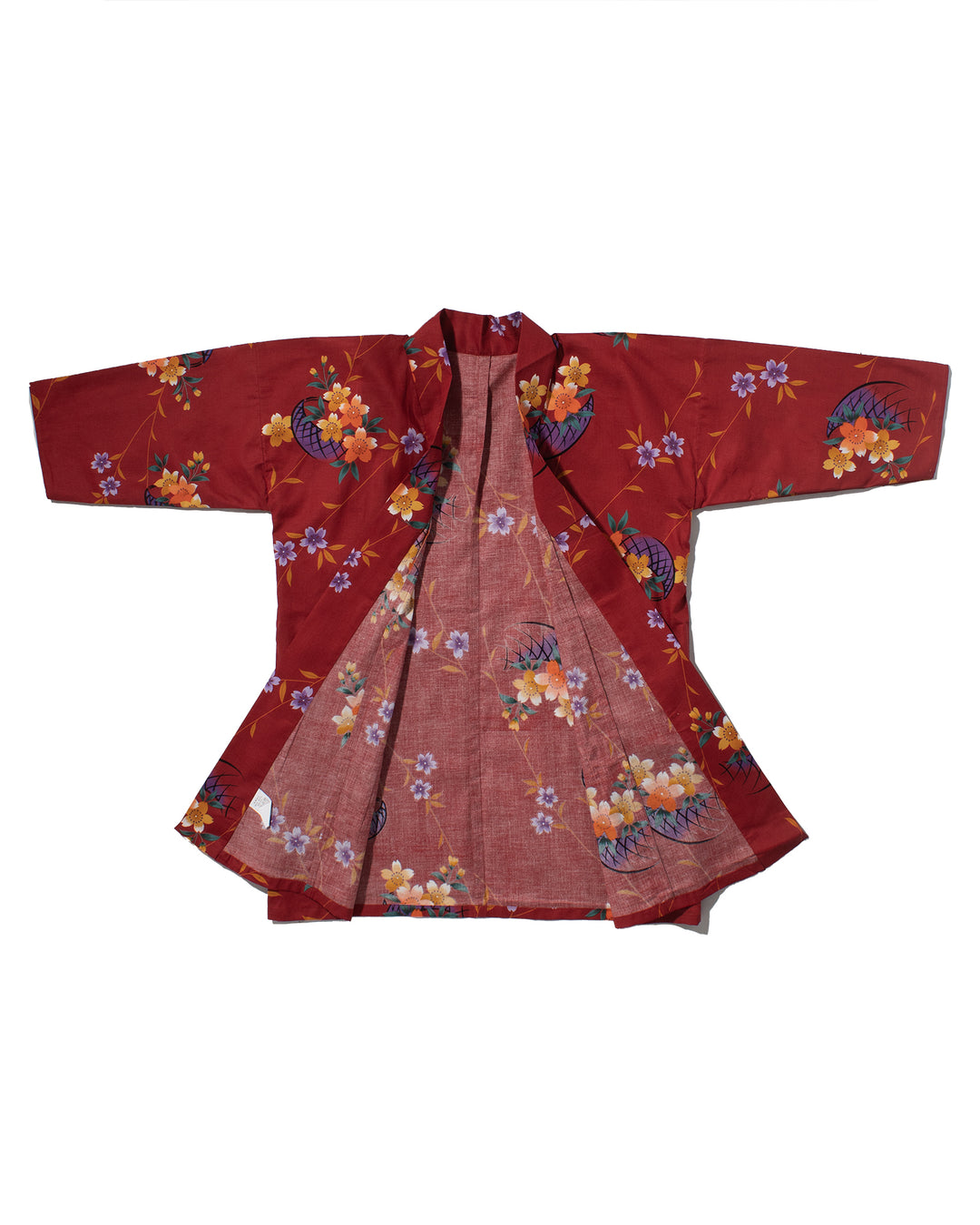 Kiriko Custom, Altered Yukata Jacket, Red with Multi color flowers and Purple Accents