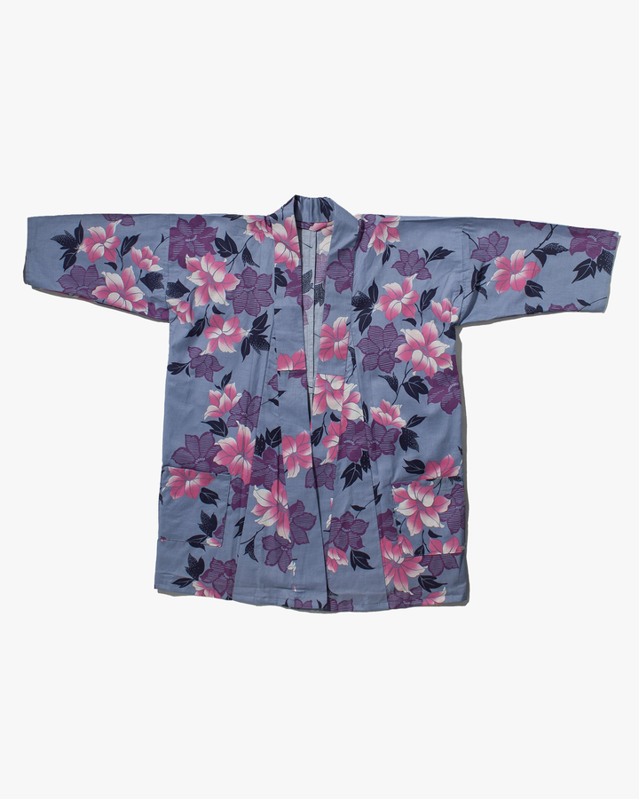 Kiriko Custom, Altered Yukata Jacket, Blue Gray with Gradient Pink Flowers and Navy Leaves