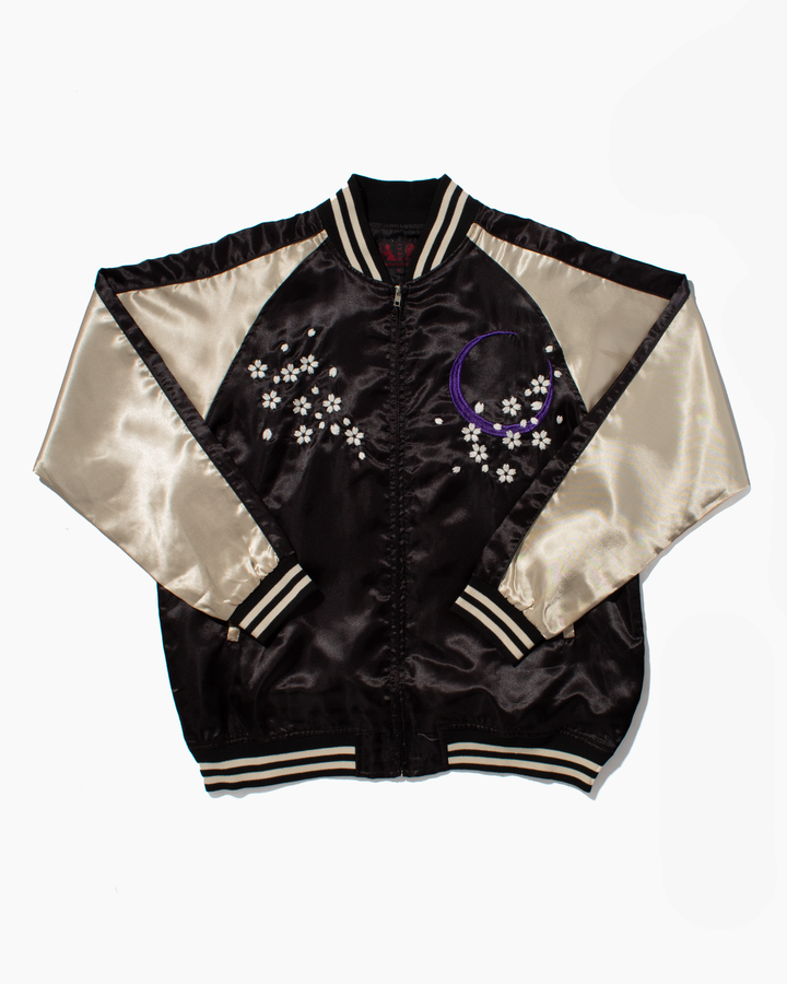 Japanese Repro Souvenir Jacket, Japanese Traditional Style Brand, Black with Purple Moon and Choju Giga- LL