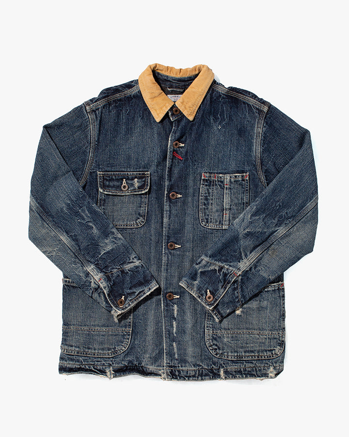 Japanese Repro Denim Chore Coat, Eternal, Denim with Yellow Corduroy Collar- M