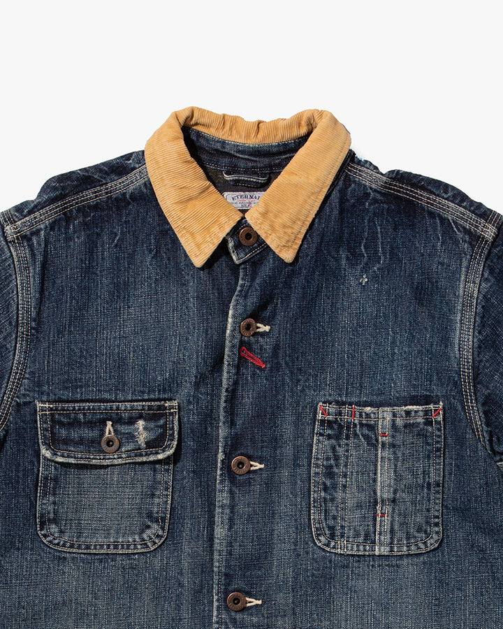 Japanese Repro Denim Chore Coat, Eternal, Denim with Yellow Corduroy Collar- M