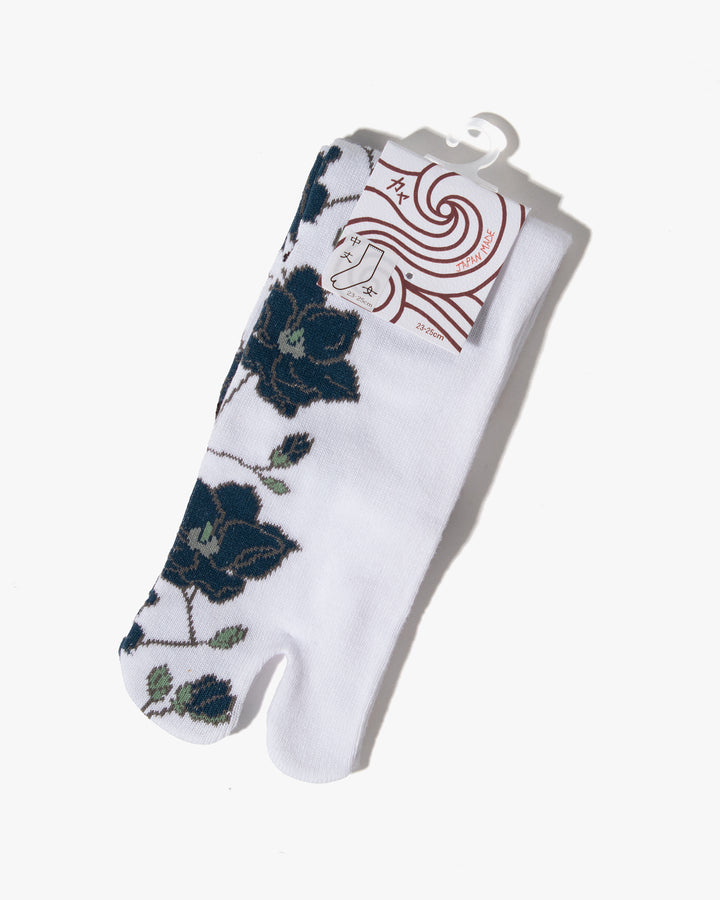 Wa Modern, Tabi Socks, Crew, White with Navy Magnolia (S/M)