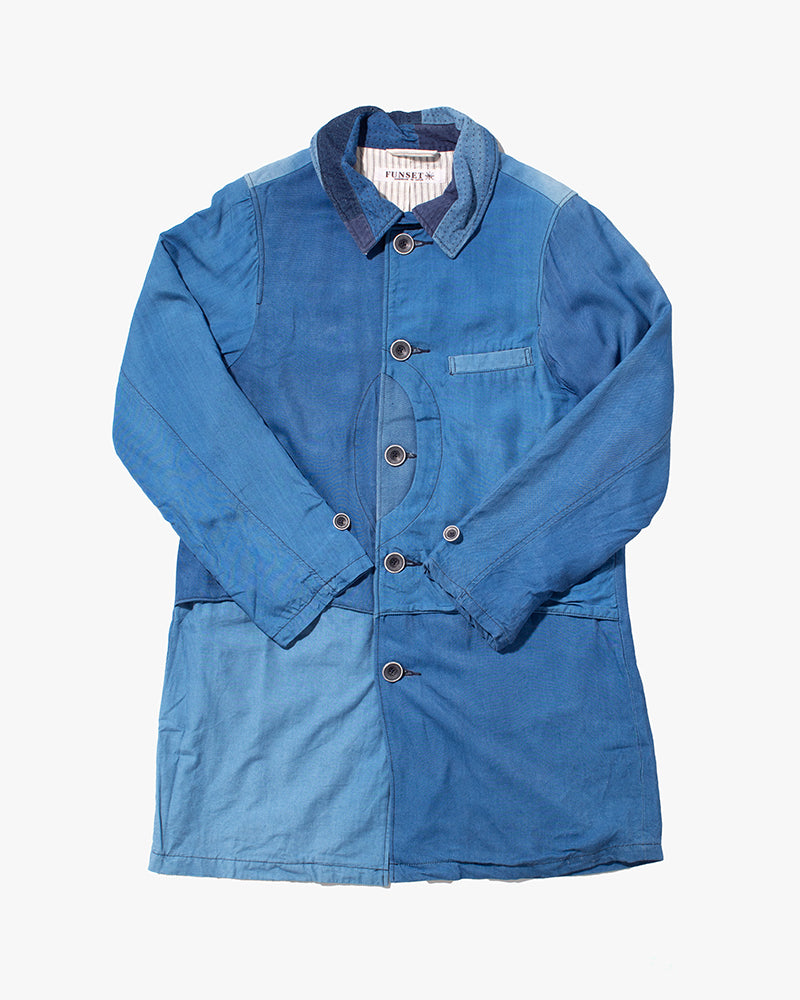 Japanese Repro Chore Coat, Funset, Patchwork Denim with Sashiko Collar - S