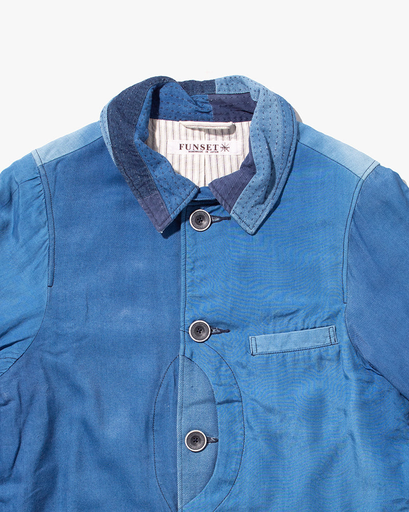 Japanese Repro Chore Coat, Funset, Patchwork Denim with Sashiko Collar - S