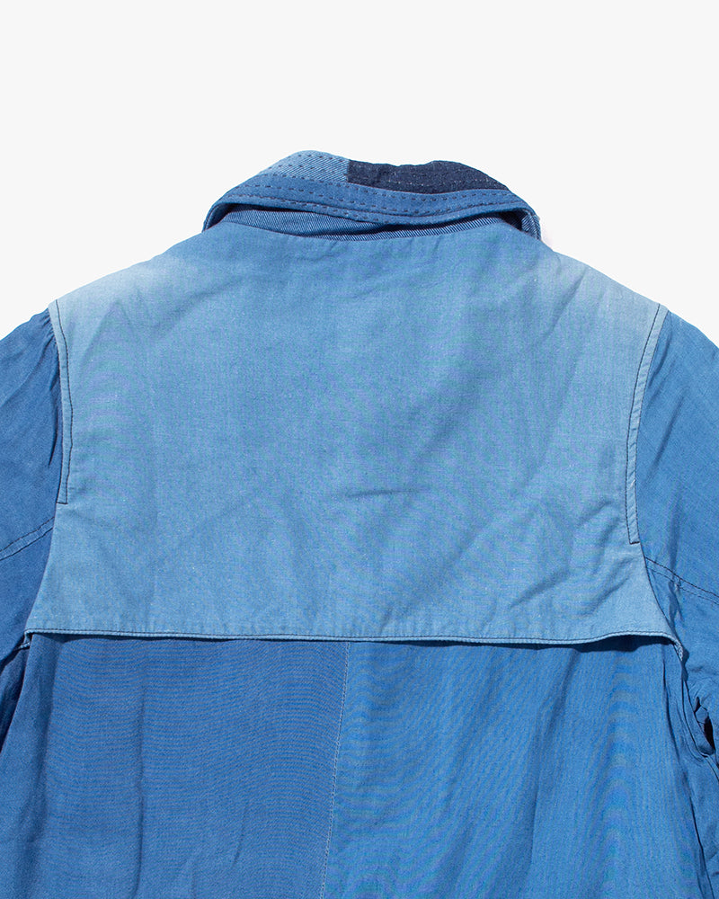 Japanese Repro Chore Coat, Funset, Patchwork Denim with Sashiko Collar - S