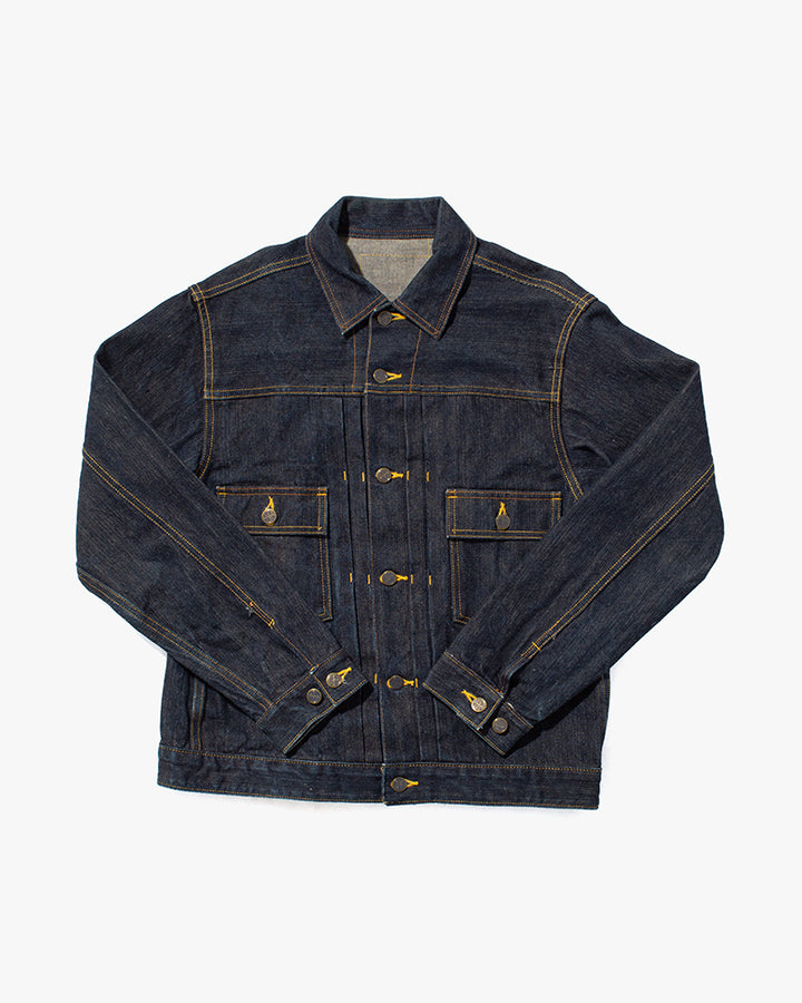 Japanese Repro Type II Trucker Jacket, Headlight, Dark Denim with Yellow Bar-Tacks - L