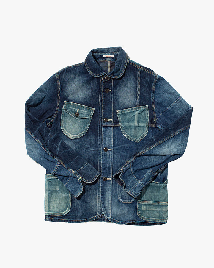 Japanese Repro Chore Coat, Eternal, Patchwork Denim with Round Collar - L