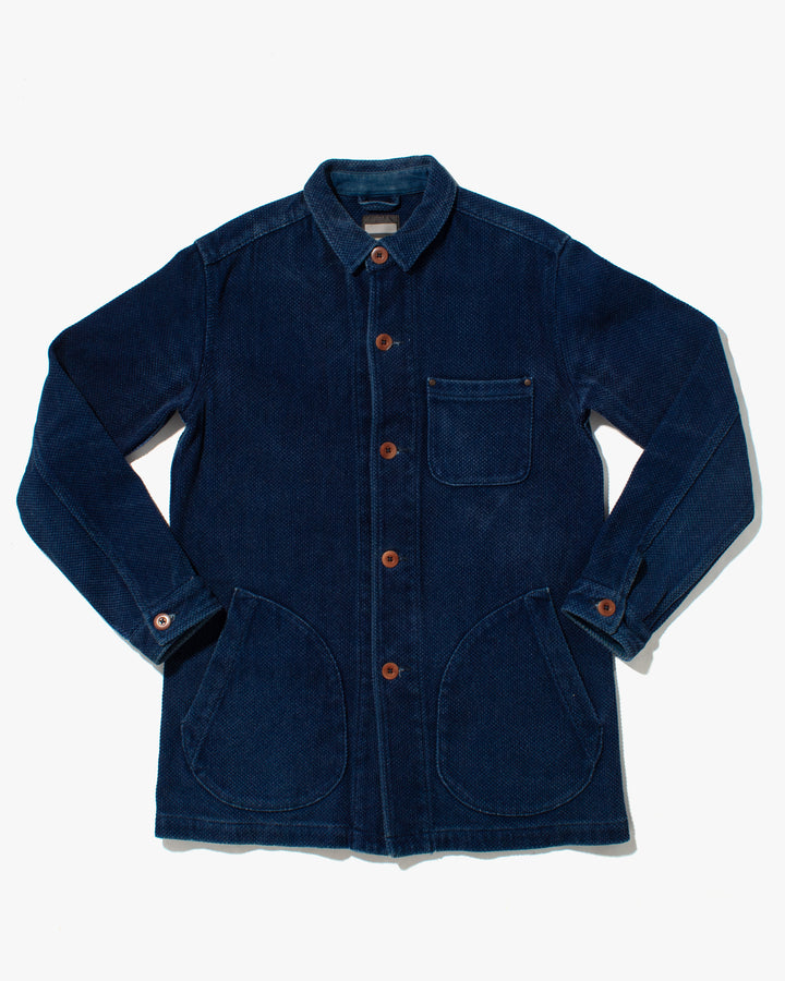 Japanese Repro Textured Blue Jacket, Momotaro Jeans, Angled Pockets & Wooden Buttons - L