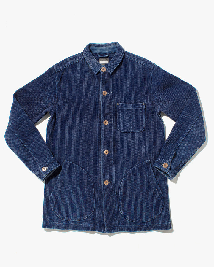 Japanese Repro Textured Blue Jacket, Momotaro Jeans, Angled Pockets & Wooden Buttons - L