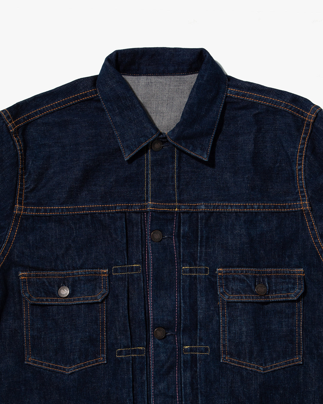 Japanese Repro Type II Denim Jacket, Momotaro Jeans, Front Pleats &amp; Pink Contrast Stitch - L