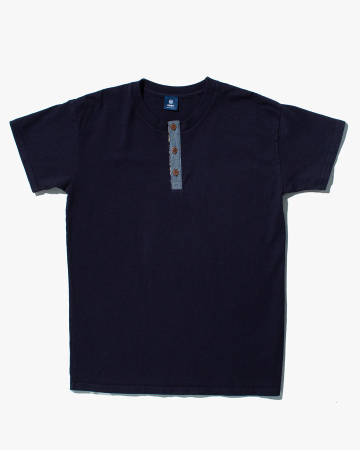 Kiriko Original Tee, 8oz Cotton, Henley Tee, Navy with Denim, Small Tsubaki