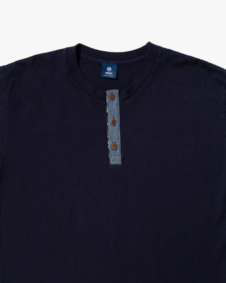 Kiriko Original Tee, 8oz Cotton, Henley Tee, Navy with Denim, Small Tsubaki