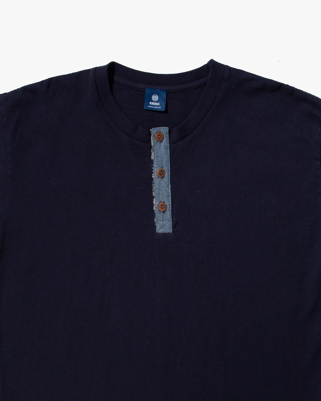 Kiriko Original Tee, 8oz Cotton, Henley Tee, Navy with Denim, Small Tsubaki