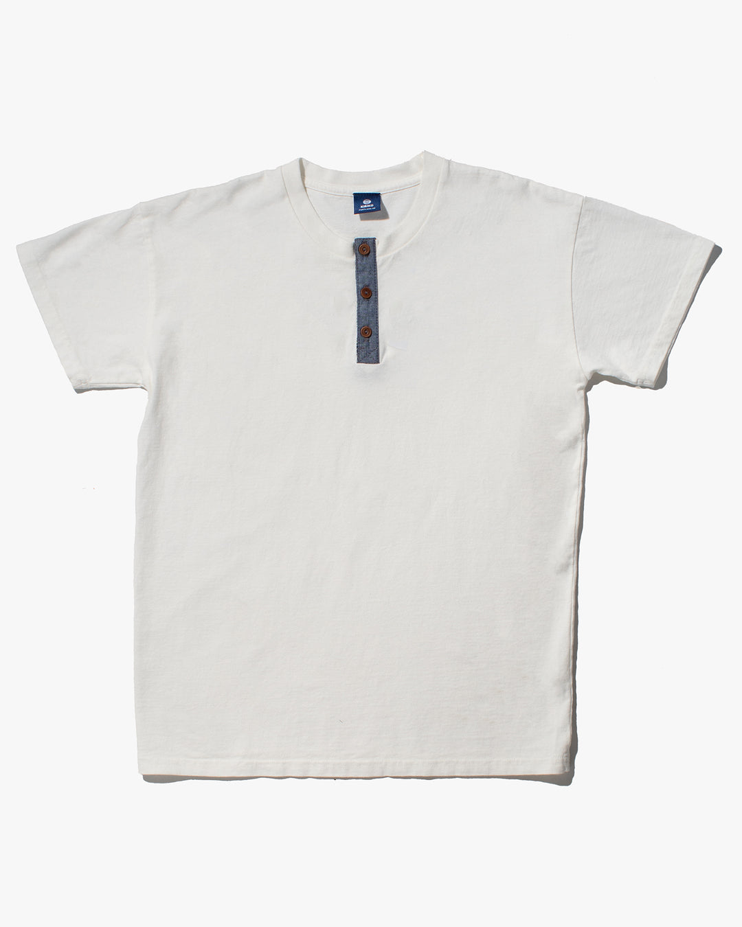 Kiriko Original Tee, 8oz Cotton, Henley Tee, Cream with Denim, Nami