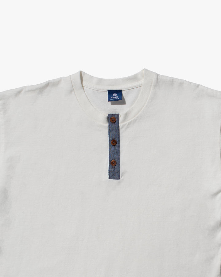 Kiriko Original Tee, 8oz Cotton, Henley Tee, Cream with Denim, Nami