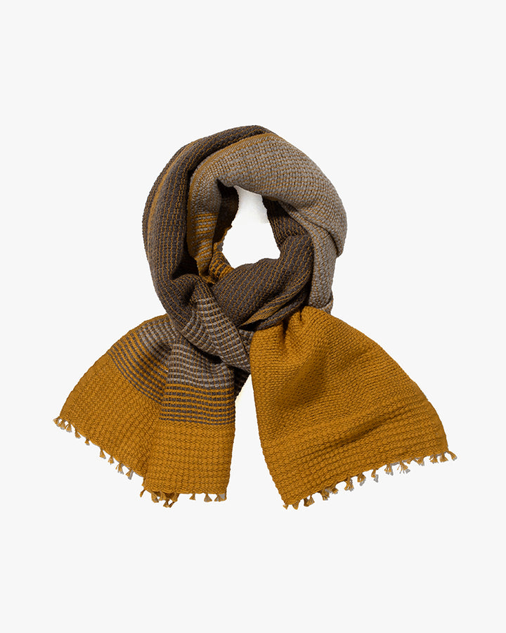 Kobo Oriza Muffler, Mojiri Weave, Multi-Toned, Mustard Yellow and Warm Grey