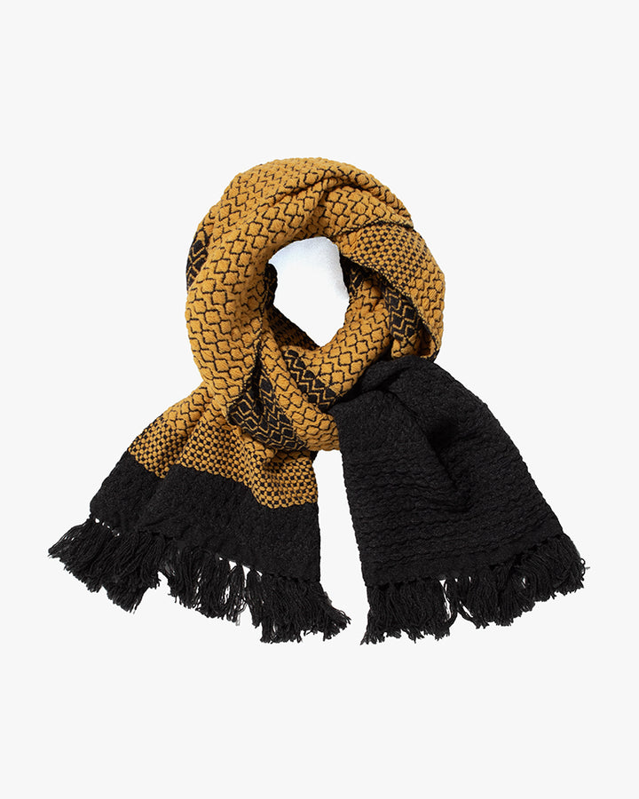 Kobo Oriza Scarf, Multi-Pattern Weave, Dark Grey with Mustard Yellow Accents