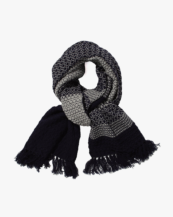 Kobo Oriza Scarf, Multi-Pattern Weave, Indigo with Grey Accents