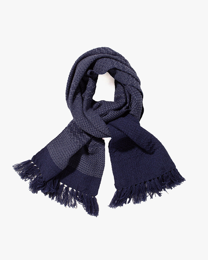 Kobo Oriza Scarf, Multi-Pattern Weave, Indigo with Light Blue Accents