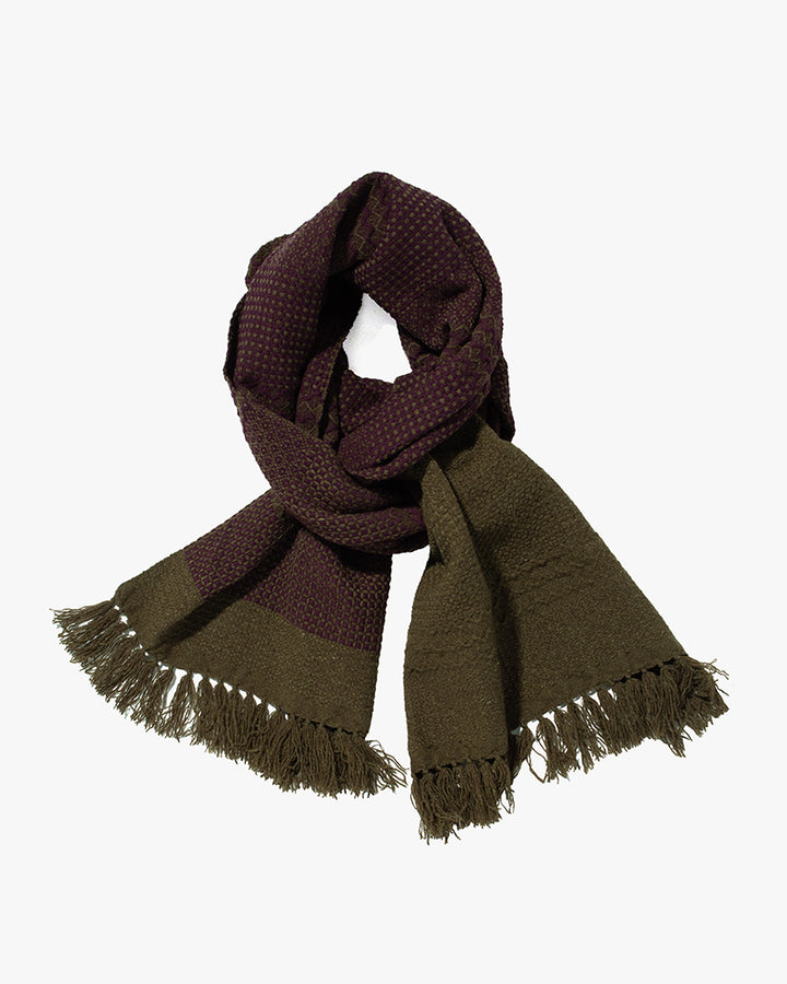 Kobo Oriza Scarf, Multi-Pattern Weave, Moss Green with Burgundy Accents