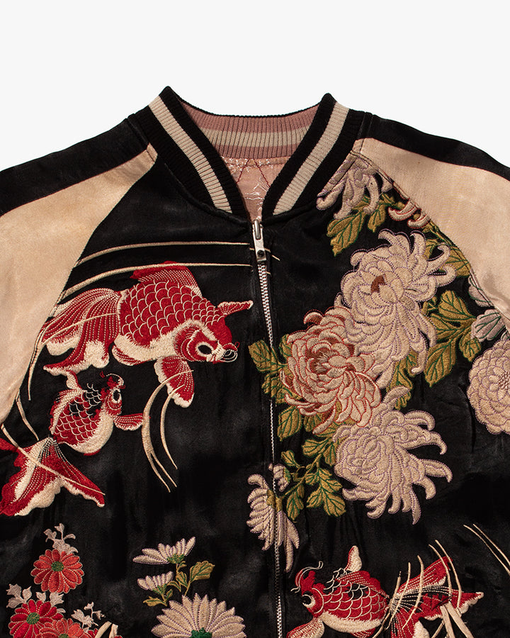 Japanese Repro Souvenir Jacket, Reversible, Black Goldfish and Chrysanthemums